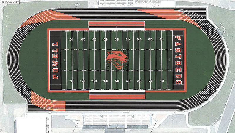 A rendering of the new Powell High School track depicts orange exchange zones and a primarily black track. 工程将于周一开始.