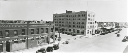 The iconic NBC building in the 1930’s, at the northeast corner of N. Hudson and W. Commerce. The former Altus City Hall is pictured on the left.