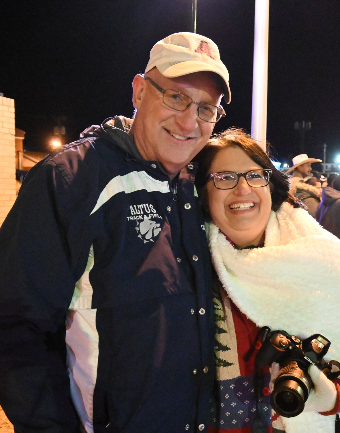 Altus Mayor Robert Garrison and his wife, the often seen but rarely photographed Rhonda, at the Christmas festivities downtown after they finished riding in the parade.
