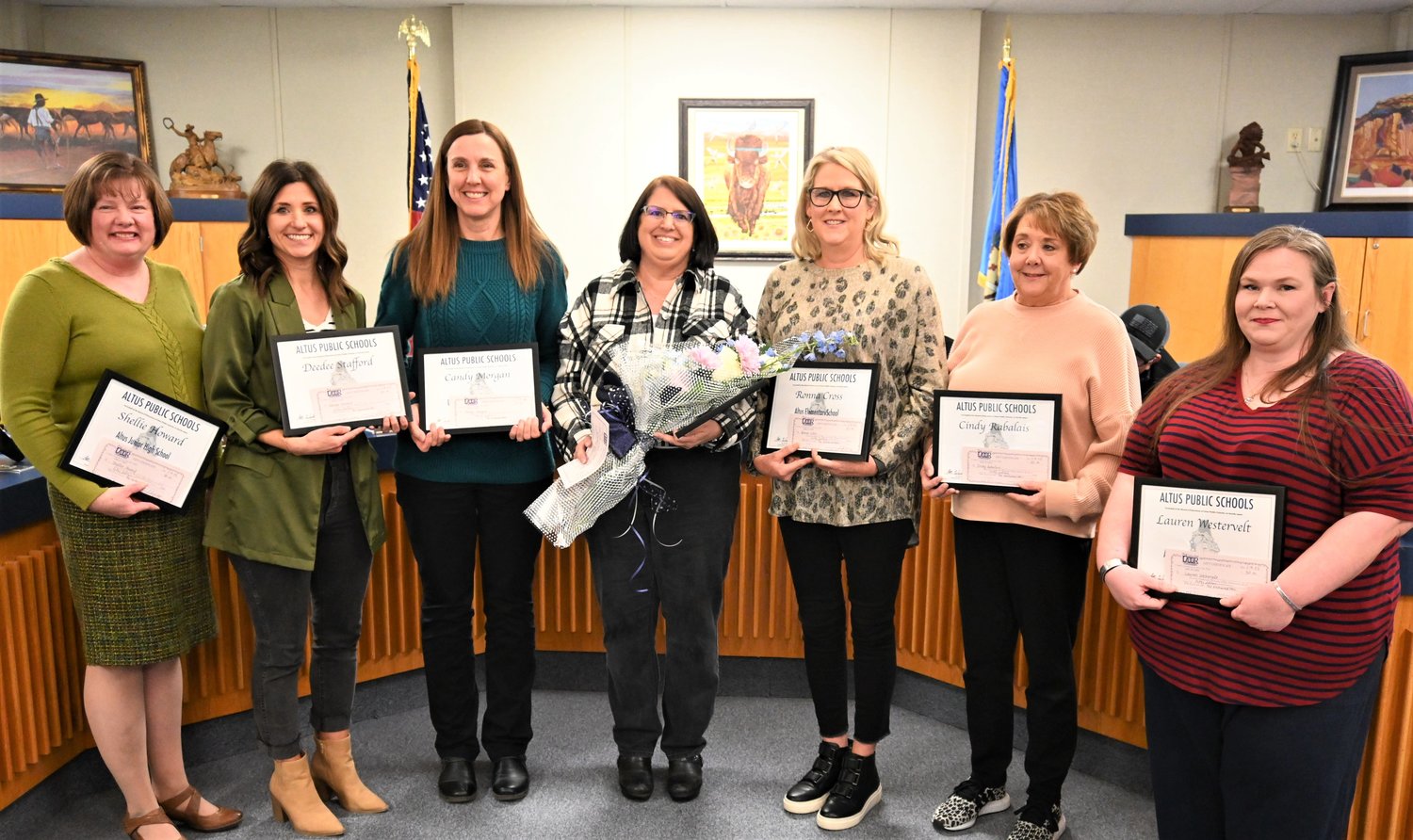 Altus Public Schools 2023 Teachers of the Year for each campus were presented Jan. 9 at the board of education meeting. Rhonda Garrison, center, high school English, was a Top 3 candidate and won the grand prize as Teacher of the Year. Other candidates: left, Shellie Howard, junior high (Top 3); Deedee Stafford, intermediate; Candy Morgan, Rivers; Ronna Cross, elementary (Top 3); Cindy Rabalais, primary; Lauren Westervelt, AECC. 