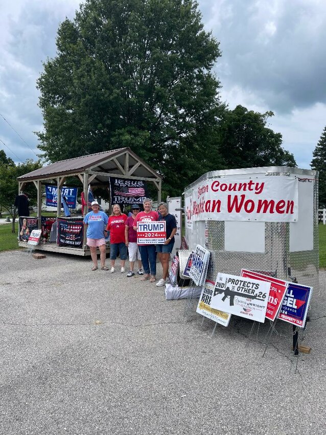 CAMPAIGN SEASON IS IN FULL SWING and the Benton County Republican Women are  operating a unique pop-up shop that features political swag. Karen Reese, Barb Hammond, Maria Cavin, Donna Davis and Janelle Mullen were in Cole Camp on Saturday.