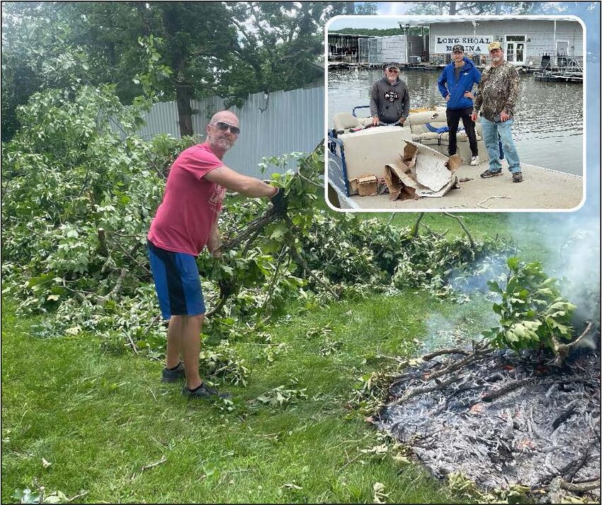 DEALING WITH THE  AFTERMATH of last week's violent storm, Danny Stratton cleared debris from the yard of his Racket home. Businesses including Long Shoal Marina were severely impacted. Marina employees Tom Schneider and Cameron Boyer took Jeff Cloud to check his boat on Tuesday. The facility's pedestrian ramp was damaged due to the high winds.