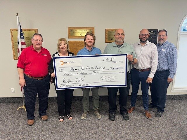 KEEP'EM COMING! Ranger Power/Beavertail Solar made a considerate donation to the Home Run For The Future campaign as the project rounds the bases. Pictured (L to R): Scott Bernard (BOE member), Carla Moberly (Foundation President), Oliver Chag (Ranger Power representative), Dan Brungardt (Superintendent), Ben Johnson and Dan Wallace (Foundation members).