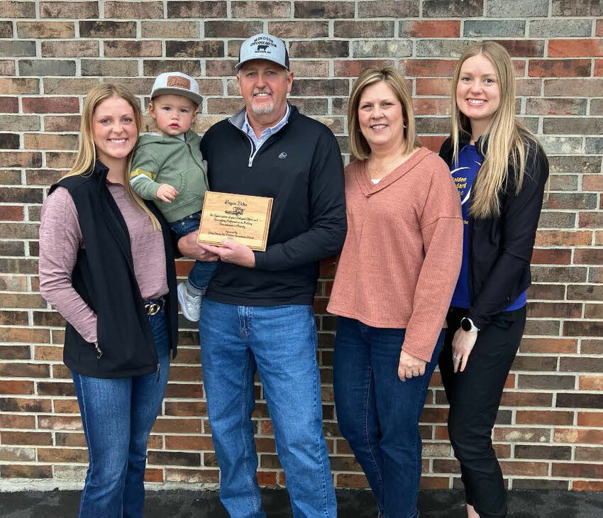 2025 Outstanding Conservation Farmer Bryan Dehn; with his wife Melinda, daughters Laurel & Adriane, and grandson David.