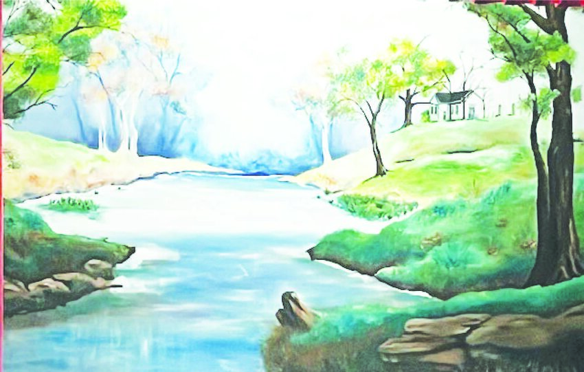 Tebo Baptist Church painting in the baptistry of the old Tebo Baptist Church built in 1855, sitting on Tebo Creek. (The first church building was a log cabin and it was built in 1840. It was torn down when they built the one seen here in the painting).
