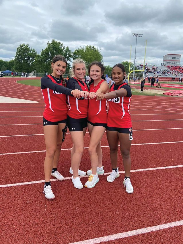 CLINTON'S GIRLS 4x100m relay team is one of several Cardinals who earned berths to the MSHSAA State Track Championships this upcoming weekend. They are (L to R):  Jacey Peery, Paityn Cook, Kearsten Knight, and Skyte Wilson.