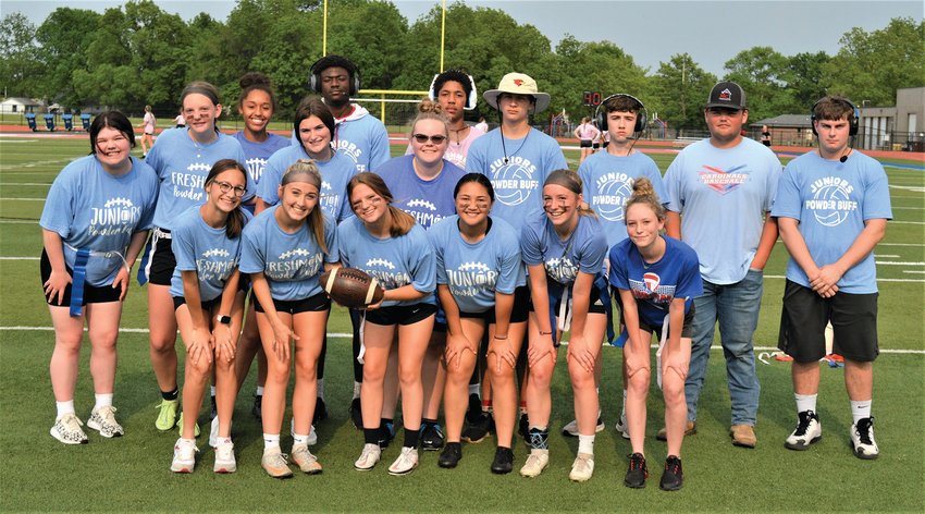 THE POWDER PUFF BLUE team was made up of Freshmen and Juniors. They had a lot of fun. Back row: Mercedez Brown, Emrie Neal, and Richie Brown. Middle row: Lainey Reid, Carly Fosnow, Addison Markham, Abby Jones, Monte Bullock, Hunter Willings, Hayden McGuire, and Owen Determan. Front row: Chelsi Berry, Kylie Williamson, Sabrina Meloy, Lauren Bagley, MJ Vanderheide, and Kylee Whalan. Jazmyn Shockley played but is not pictured.