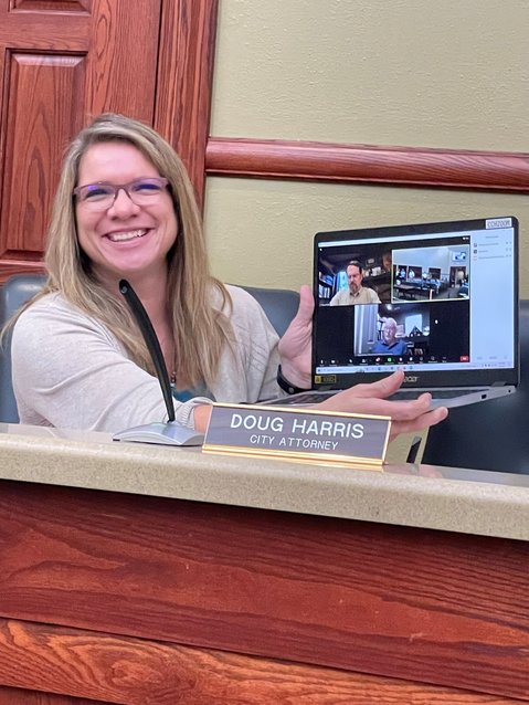 A FIRST FOR CITY COUNCIL, Some components of the meeting were held via Zoom. Economic Development Director Mark Dawson and City Attorney Doug Harris both joined via the app. City Clerk Wendee Seaton facilitated the online component.