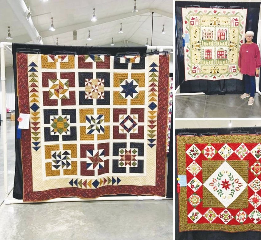 QUALITY QUILT enthusiasts who attended the Quilt Show voted on the quilts they liked best. Top choice was Beverly Hayden&rsquo;s sampler quilt, left. Janet Parks stands next to her quilt, top right, which was second, and a quilt by Ruth Kindall, bottom right, was third.