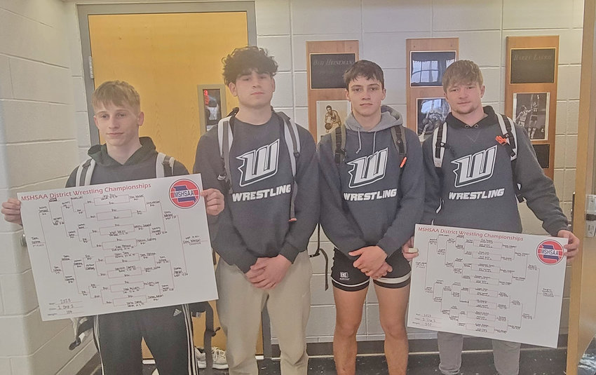 HEADED TO THE 2023 MSHSAA STATE WRESTLING CHAMPIONSHIPS for the Wildcats are Jayce Estes (106), Joshua Harvath (165), Drake Murrell (157) and Nick Bagley (150).  They will all wrestle on Wednesday in the opening round of the tournament after qualifying finishes at last weekend's district tournament at Versailles.  Estes and Bagley are both district champions, Murrell is the distreict runner-up and Harvath finished in fourth.
