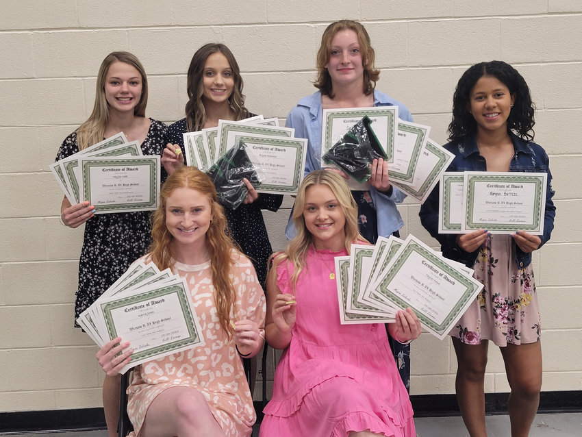 TAKING HOME individual awards from this year's Ladycats softball banquet were, front row: Karlie Jones and Taylor Howe; Back row: Haylee Cobb, Brylee Brewster, Carly Price and Morgan Burriss.