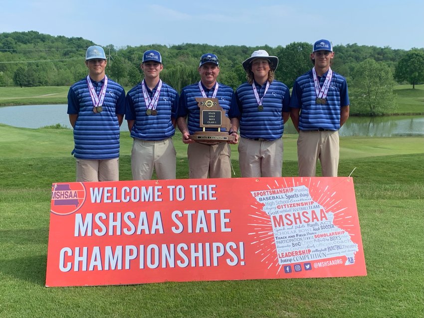 GOING OUT ON TOP, the Cole Camp Bluebirds golf team finished their season with a MSHSAA Class 1 state championship after shooting a 678 at last weekend's state tournament held at Rivercut Golf Course in Springfield. The Bluebirds score was three strokes better than second place Marceline.  The team includes (L to R): Tyler Howard, Spencer Godwin, Coach Brandon Harding, Gage Oelrichs and Matthew Bright.