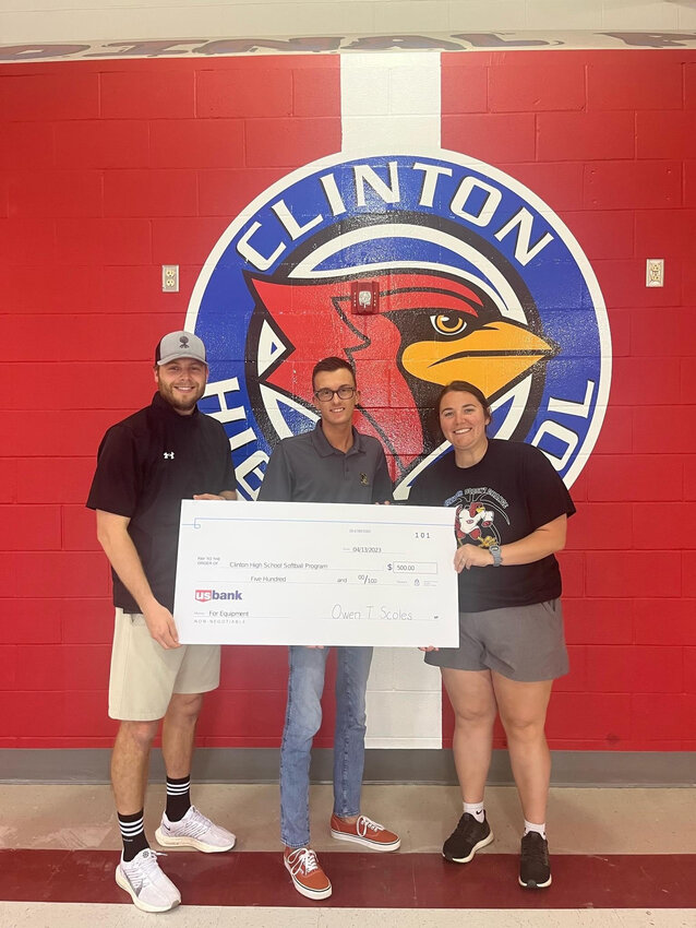 CLINTON HIGH SCHOOL junior Owen Scoles made a $500 donation to the softball program on April 13, 2023. Owen was compelled to make this donation after seeing a need for new softball helmets and equipment for the Clinton High School girls softball program. Owen is a manager for girls basketball and a manager for girls softball. High school sports managers are in charge of keeping stats, assisting coaches with every day tasks, supporting their team and so much more.