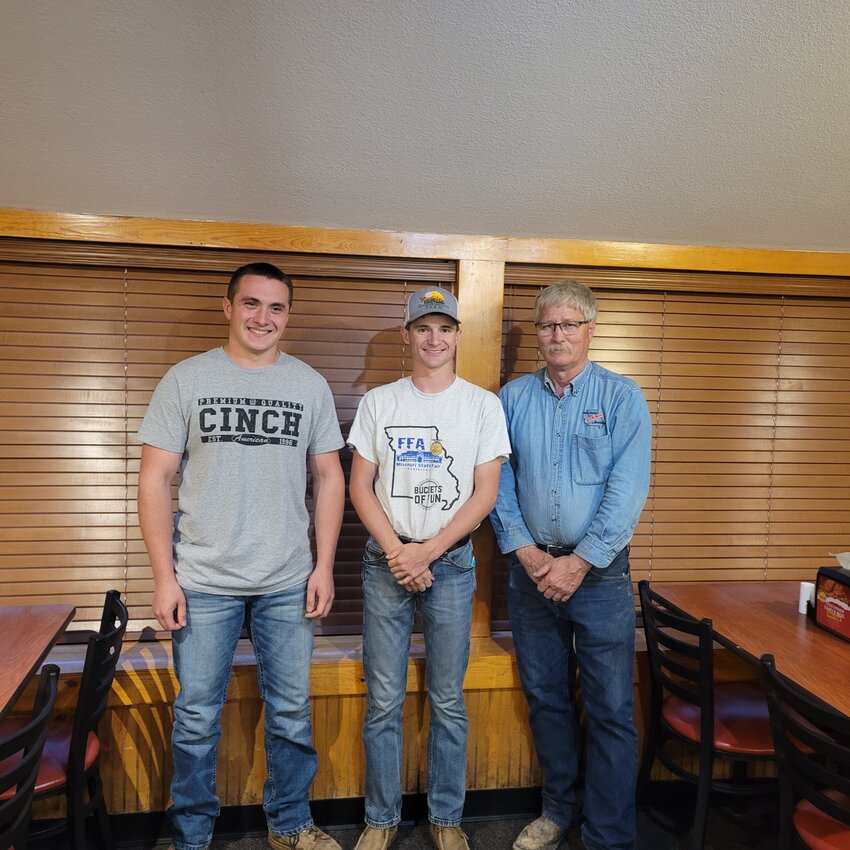 Henry County Cattlemen met April 20 at Dietz Family Buffet, sponsored by Hometown Crop Solutions. Gavin Hutchison presented information on Livestock Risk Insurance. Pictured are two scholarship winners, Miles Bailey and Bailey Carter with president Taylor Bush. Lauren Bailey was recipient of scholarship but unable to attend.