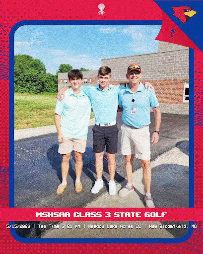 PROUD OF THEIR FRIEND and teammate, Clinton's James Peoples and Coach Thomas Collison flank the Cardinals' Hunter Bose after his round of golf at districts.  Bose shot an 84 to advance and compete at the MSHSAA Class 3 Golf Tournament on Monday and Tuesday in New Bloomfield.