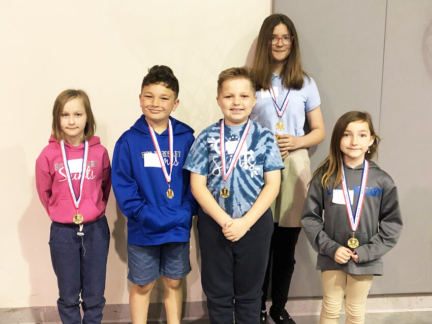 Holy Rosary students participated in the 2023 West Central Spelling Bee held at Hudson R-IX. Holy Rosary students did exceptionally well. Pictured from left to right: 1st grade student Claire Meler finished in 2nd place, 3rd grade student Avery Gillis finished in 1st place, 2nd grade student Reed Smith finished in 2nd place, Alayna Harkey, 6th grade, finished in 1st place, and Sadie Walters, 2nd grade, finished in 1st place! Way to go Holy Rosary spellers!