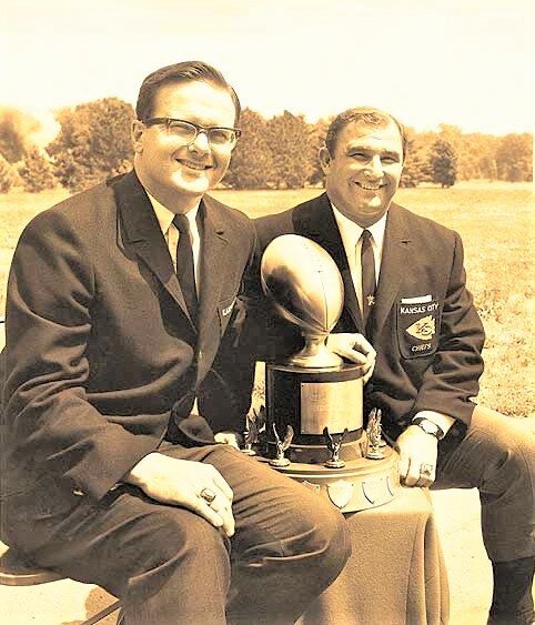 KC CHIEFS Owner Lamar Hunt and his Head Coach, Hank Stram celebrated the organization's first Super Bowl win   in 1969.