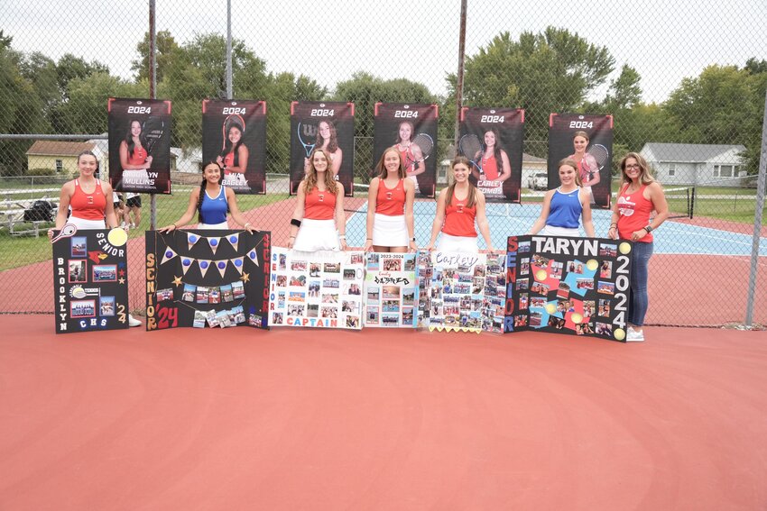 CLINTON TENNIS celebrated Senior Night last Tuesday when they hosted Warrensburg.  The Class of 2024 Lady Cardinals includes players (L to R): Brooklyn Mullins, Mia Bagley, Makenna Beasley, Emily Barnes, Carley Combs and Taryn Gilbert.