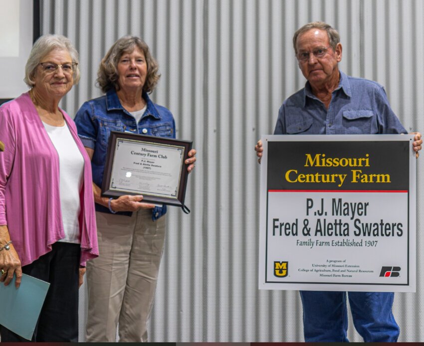 Henry County Extension Council President, Alice Huenefeldt, presented the Century Farm Sign and Certificate to Fred and Aletta Swaters of Appleton City at the August 2023 Ag Appreciation Dinner at the Benson Center.  They have 120 qualifying acres.  The original owner was Fred&rsquo;s Grandfather P.J. Mayer, who acquired the land on Southwest 1201 Road in Montrose, in 1907. The Eric and Megan Warren family of Calhoun were unable to attend the dinner but were also recognized as a qualifying Century Farm this year.