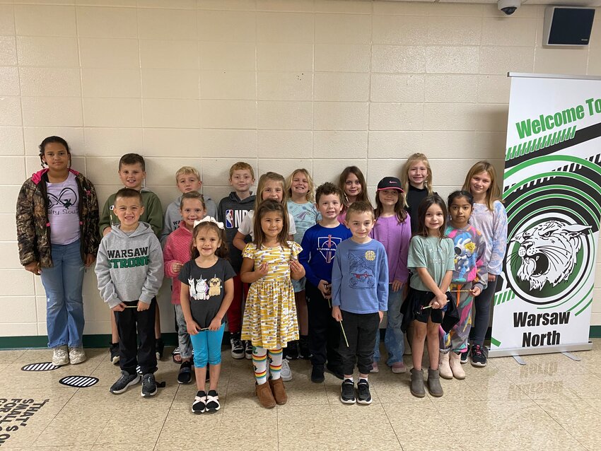 EACH MONTH one student is chosen from each North Elementary classroom as the Student of the Month.  These students are ones who exemplify P.R.I.D.E. at our school.  At North Elementary, we look for students who: P.- Practice Kindness- use kind words and actions, help others, and take turns; R.- Show Respect- use materials and equipment correctly, are on time, and follow directions; I.-Inspire Others- make healthy choices, are good problem solvers, and practice safety; D.- Do Your Best- show a positive attitude, listen, and complete their work; E.- Everyone is Included- share, encourage, and include others. October Students of the Month are. front row:  Addalyn Holloway, Lillyian Shope, James Coskey, Brynlee Reser; middle row:   Brock Parker, Willow Kelsey, Josie Parker, Brady Spry, Ciara Fox, Zoreen Pannu; back row:   Diamonya Kerns, Rex Koski, Bentyn Young, Rayden Rhule, Serenity Andregg, Emily Helstern, Bailey Steenburgen, Olivia Daughenbaugh; Not Pictured:  Ulyana West, Rayne Tabone.