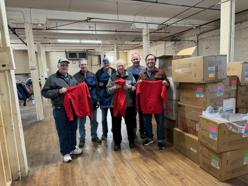 The Knights of Columbus #1896 donated 200 hoodies, and 170 coats to &lsquo;Coats for Kids&rsquo;. Pictured are Dan Sublette, Bill Kernohan, Ron Cook, Mike Goode, Stan Cook and Byron McCoy.