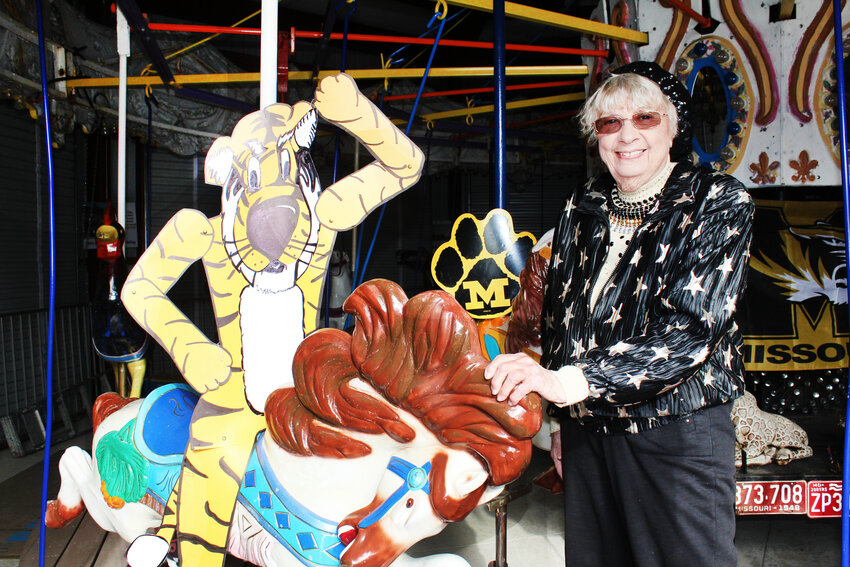 DRAWING INSPIRATION from Mizzou banners in storage, Linda Lampkin decided to make the team mascot, Truman,  to display on the Appleton City Carousel in honor of the football team playing in the Cotton Bowl.