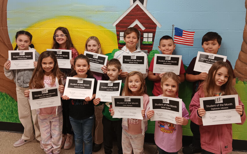 WARSAW SOUTH ELEMENTARY is pleased to highlight our December Students of the Month, selected for demonstrating the character trait of caring. These students make a point to include others, volunteer to help when needed, and regularly exhibit selflessness and compassion. Climalock provided pizza and soda for these students to celebrate their achievement. Congratulations to our caring Students of the Month: Cora Aguayo, Bella Decker, Arianna Barker, Ares Perry, Jasmine Aguayo, Daphanie Johnson, Reid Lewton, Ayden Lund, Abbi Albers, Meadow Malan, Cataleya Grant and Whyatt Young.