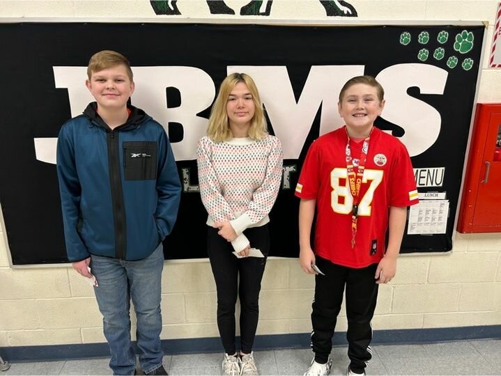 DECEMBER 2023 JBMS Students of the Month: (L to R) 8th Grade-Lincoln Vaughn, 7th Grade-Sarena Hinkley, 6th Grade-Nolan Russell.