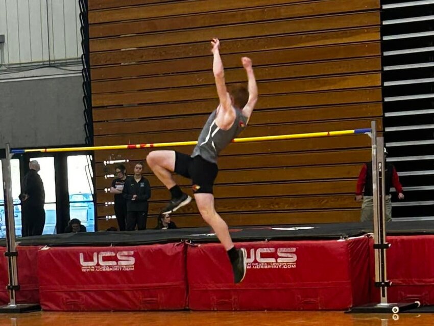 CLEARING THE BAR, Clinton's Gavin Tirey secured a fifth place finish in the high jump event at the UCM Indoor on Monday.