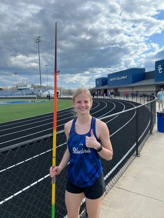 THE LADY BLUEBIRDS Emily Burdick recorded a personal best distance in the javelin last week and set a new school record with the same throw of 34.01m.