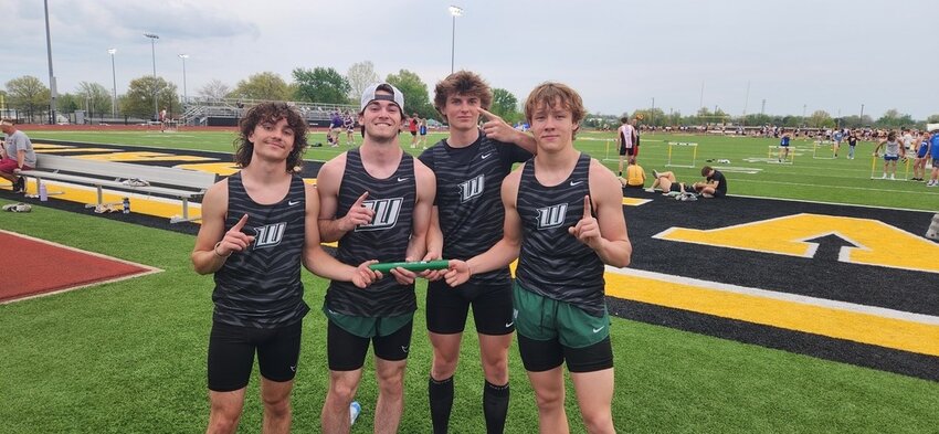 A NEW SCHOOL RECORD was set by the Warsaw boys 4x200m Relay team last Monday in Versailles. The team's time of 1:36.27 broke the old time of 1:36.60 set back in 2003. Members of the relay are Gauge Long, Shane Poyser, Fisher Love and Mason Anderson.