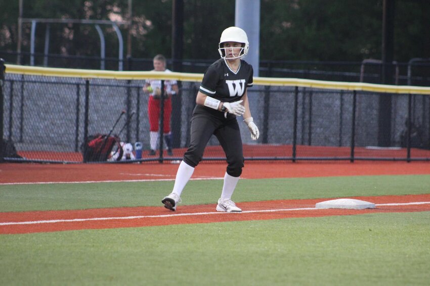 READY TO RUN, Warsaw's Jaylen McCullick led herself down the third base line in Monday night's 9-0 semifinal win over Buffalo in the Ozark Highlands Conference tournament.  The Ladycats faced Eldorado Springs in the championship that same evening and were upset, 6-5.