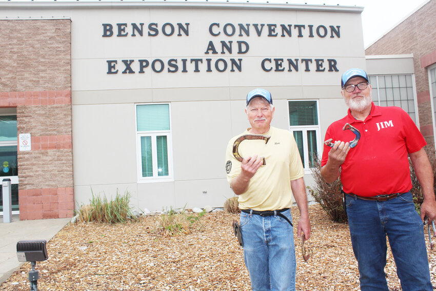 HORSESHOE PITCHING WILL GO OVER BIG TIME AT THE BENSON CENTER when the Missouri State Horseshoe Pitchers State Tournament is held over Labor Day weekend. Ron Highley and Jim Highley are helping organize the event.