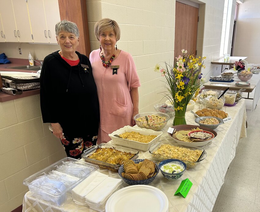 Sandy Wagoner, left, and Shirley Jordan were the hostesses for Chapter EN&rsquo;s salad luncheon last Thursday at First Presbyterian Church.