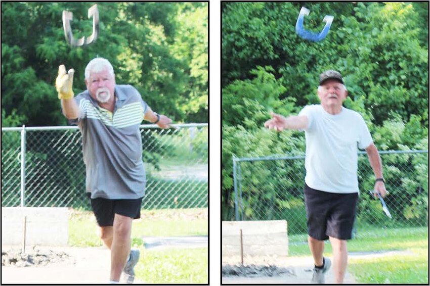 STRIVING FOR PERFECT PITCH, Robin Constance and Jitter Red were on the horseshoe courts Monday evening at the Eugene Loyd Courts at Artesian Park.