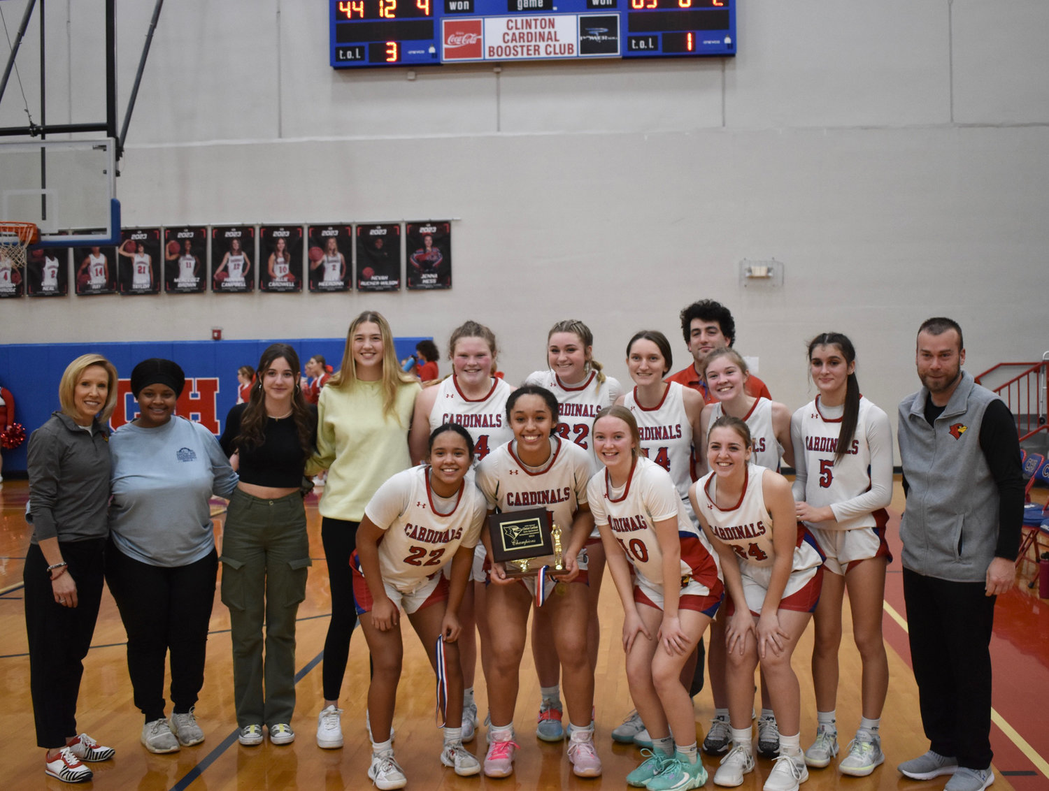 ANOTHER TOURNEY, ANOTHER TROPHY; The Clinton Lady Cardinals nabbed first place at their host tournament held last week with victories over Adrian, Pleasant Hill and Smith-Cotton.  It was the 45th annual event for the girls bracket.
