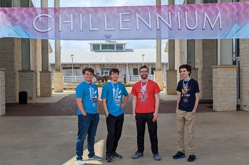 A team of University of Central Missouri undergraduate students who captured first place for Best Overall Game at the 2023 Chillennium, world’s largest collegiate student-run game jam, were from left, Jake Hamilton, Lansing, Kansas; Mason Scheible, Hermann; Jacob Miller, Topeka, Kansas; and Greg Burns, Warrensburg