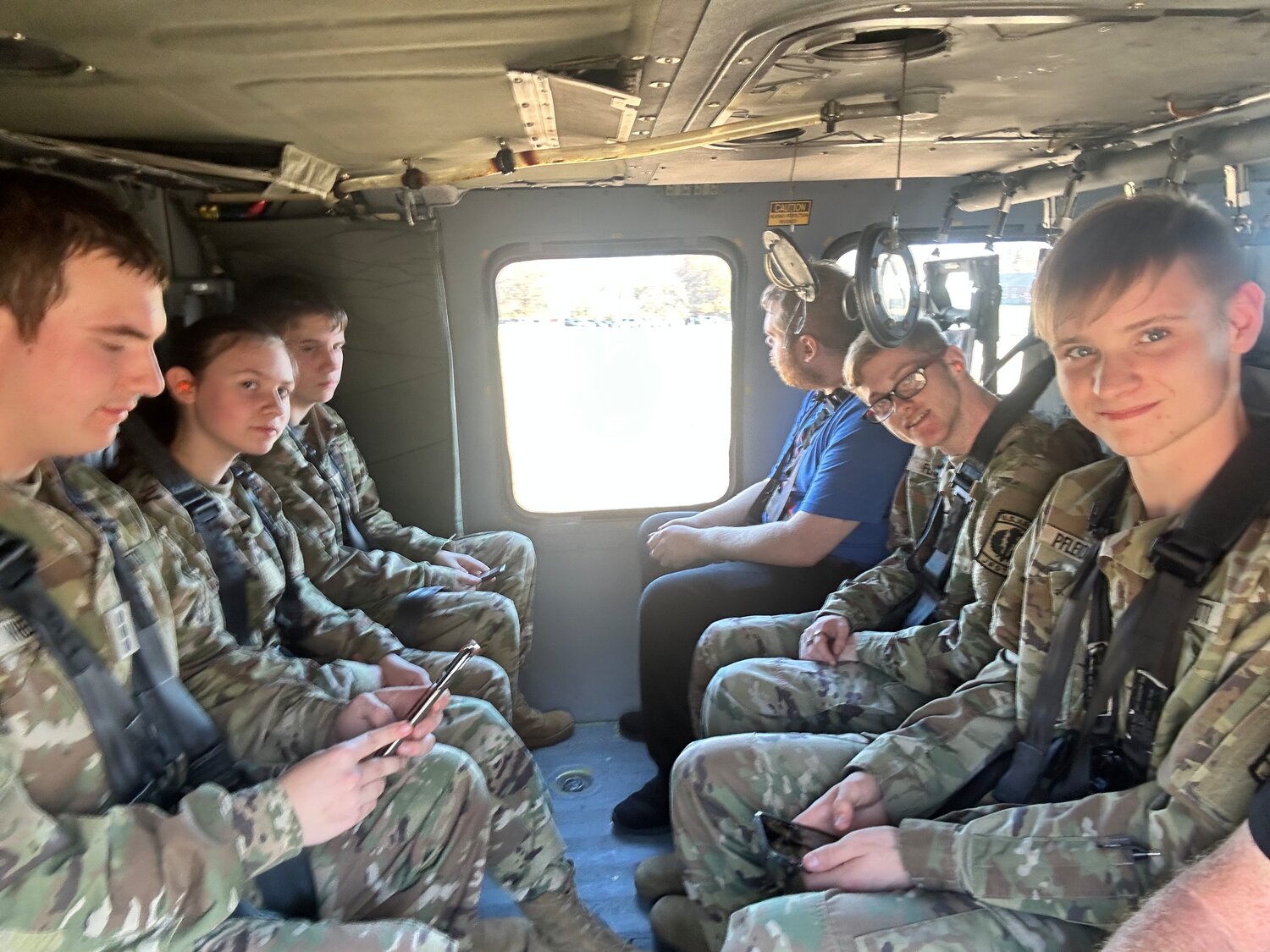 THE THRILL AND ADVENTURE OF FLIGHT was on tap for Clinton students Dillon Wheeler, Cheyanne Edwards, Braeden Walters, Robert Mendenhall, Jacob Pfleiderer and Sam Humphreys who rode aboard a Black Hawk helicopter from the CHS campus for a tour of the area.