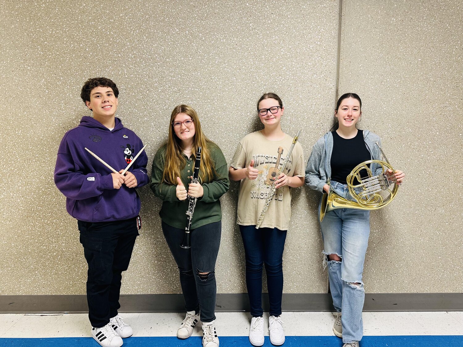 Congratulations to these outstanding CHS Band students who auditioned and were selected to be a part of one of the West Central MMEA District ensembles! There are 11 music districts in the state of Missouri and the West Central District consists of around 35 schools. Over 450 students auditioned for one of the bands and four students from Clinton made a spot! (Left to Right) Congratulations to Sam Baughman -1st Alternate Jazz Drum Set, Allie Vandenberg - 9th Chair Clarinet Honorable Mention Band, Savannah Lee - 8th Chair Flute Honorable Mention Band, and Alex Markham - 1st Chair Horn Honorable Mention Band. Because of Sam’s ranking, he gets the opportunity to audition for the State Jazz Band in December! Great job!”