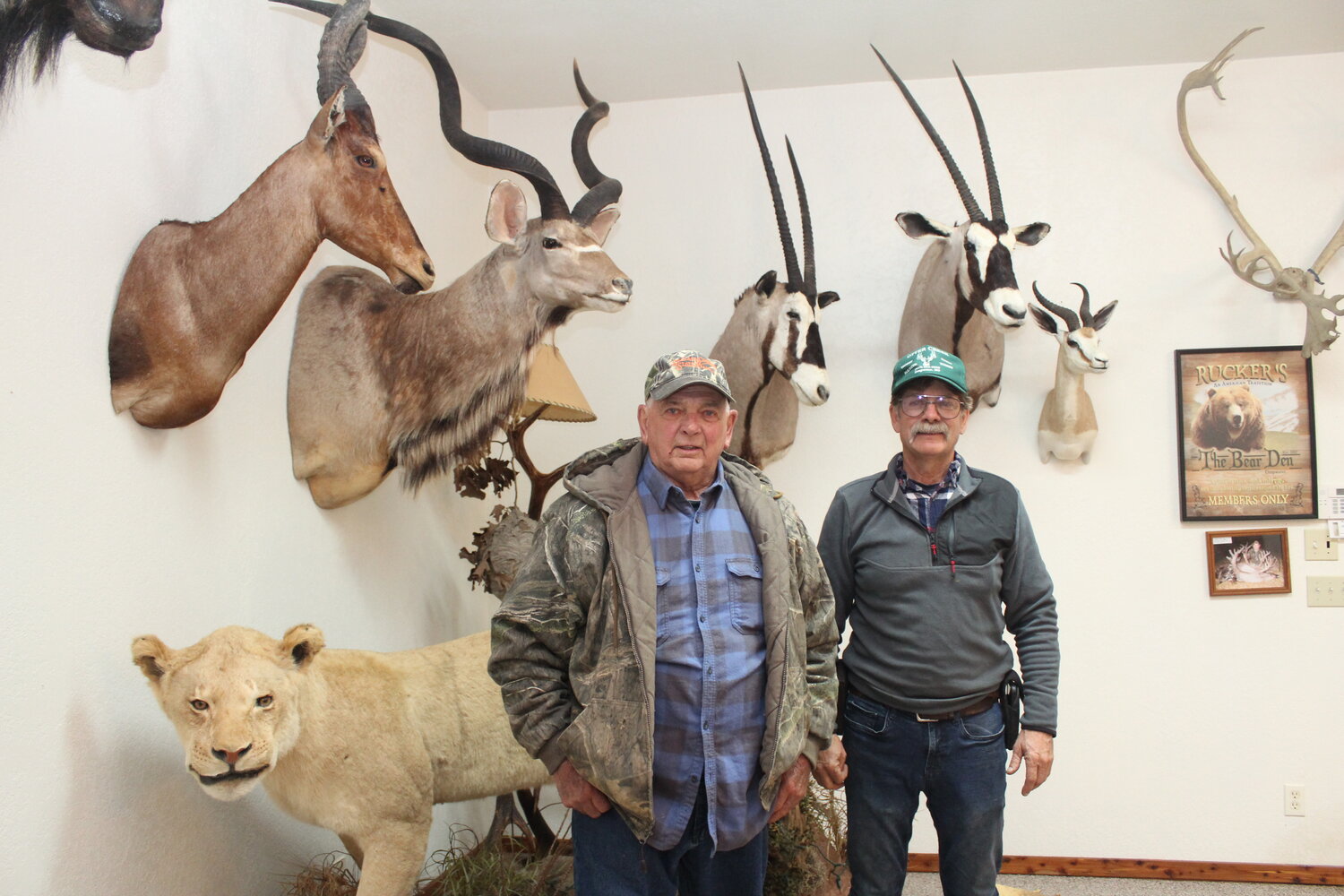 RELIVING THEIR ADVENTURES through a magnificent trophy room, Mark Rucker and his father Laverne enjoy a purpose built building to display big game taken in Africa with a reserve bow and arrow.