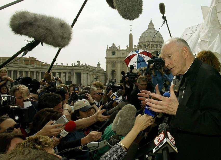 Then-Cardinal Theodore E. McCarrick of Washington faces the press in the shadow of St. Peter&rsquo;s Basilica at the Vatican April 24, 2002. U.S cardinals met for a summit with Pope John Paul II at the Vatican April 23-24, 2002, as the sex abuse crisis unfolded in the United States. Cardinal McCarrick was a key spokesman for the bishops during the summit.