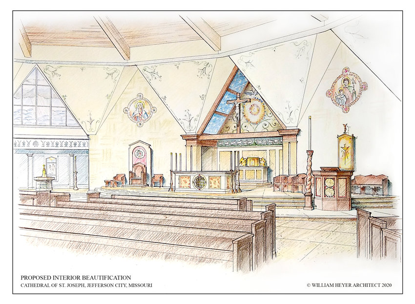 An architect&rsquo;s rendering suggests what the inside of the Cathedral of St. Joseph in Jefferson City will look like under a renovation proposal shared Nov. 9 with Cathedral parishioners and the people of the diocese.