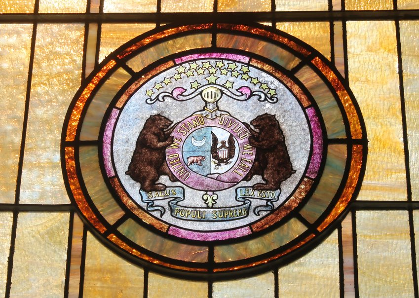 The Official Seal of the State of Missouri is depicted in an art-glass window in St. Mary Church in Milan.
