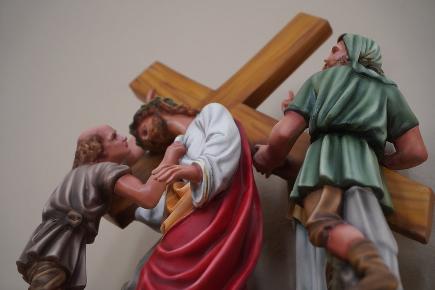 A close-up image of the newly restored Fifth Station: &ldquo;Simon Helps Jesus Carry His Cross,&rdquo; in St. Joseph Church in Palmyra.