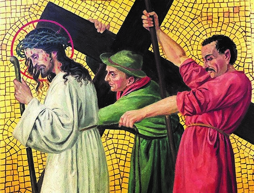The Fifth Station: &ldquo;Simon of Cyrene Helps Jesus Carry His Cross,&rdquo; an oil painting on copper, is one of 14 Stations undergoing restoration in order to be placed in the Cathedral of St. Joseph in Jefferson City as part of a substantial renovation. The Stations are from a now-closed Catholic church near Marion, Ohio.
