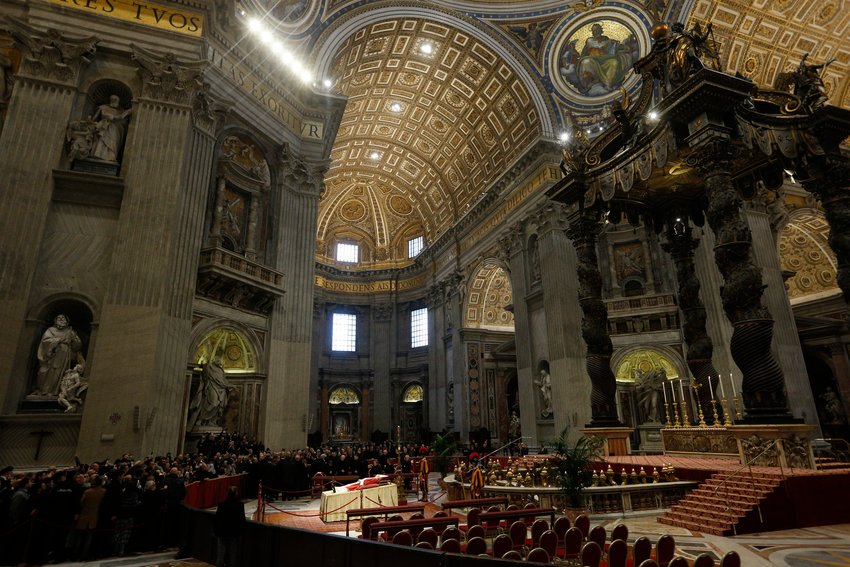The body of Pope Benedict XVI lies in St. Peter&rsquo;s Basilica for people to pay their respects at the Vatican Jan. 2, 2023.