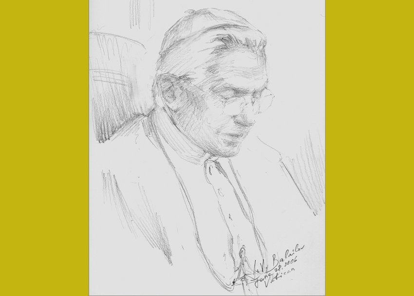 This sketch of Pope Emeritus Benedict XVI was done by Igor Babailov during an audience with the late pope and before he began his oil portrait of the pontiff. Babailov was commissioned in 2006 to do the pope&rsquo;s official portrait and completed it a year later.