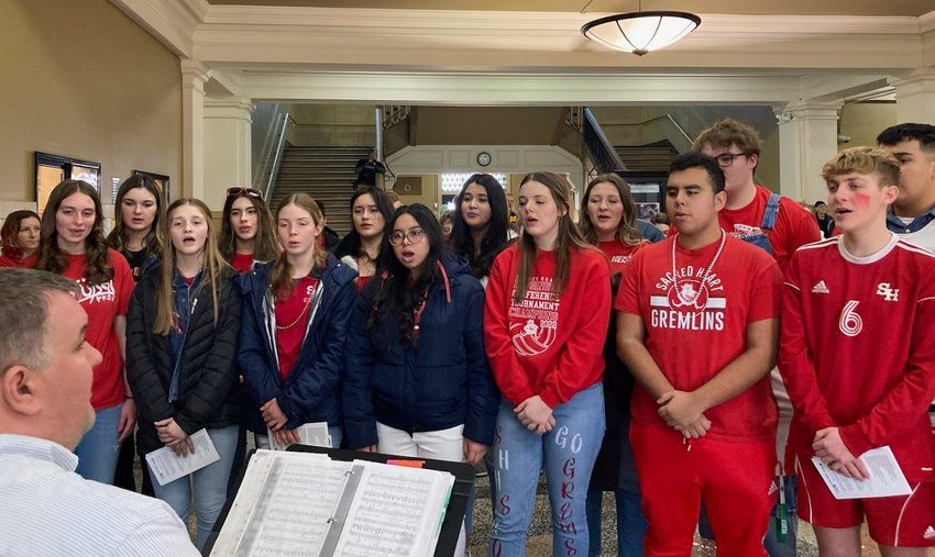 The Sacred Heart School Choir in Sedalia participates in the Sedalia Right to Life&rsquo;s 49th annual Pro-Life Observance, on Jan. 20 in the Pettis County Courthouse rotunda in Sedalia.