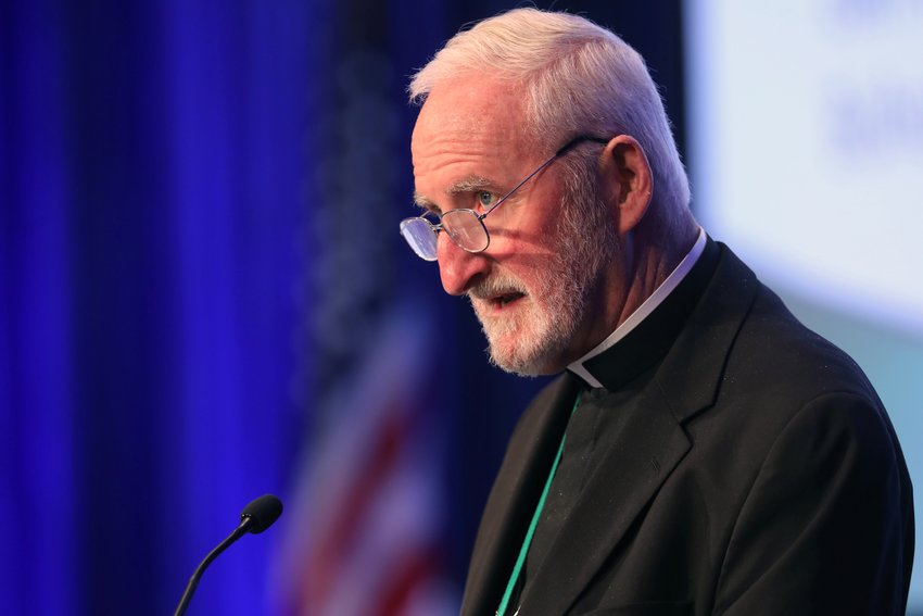 Los Angeles Auxiliary Bishop David G. O'Connell is pictured during a Nov. 17, 2021, session of the fall general assembly of the U.S. Conference of Catholic Bishops in Baltimore. According to local news reports, he was fatally shot Feb. 18, 2023, and it has been ruled a homicide.