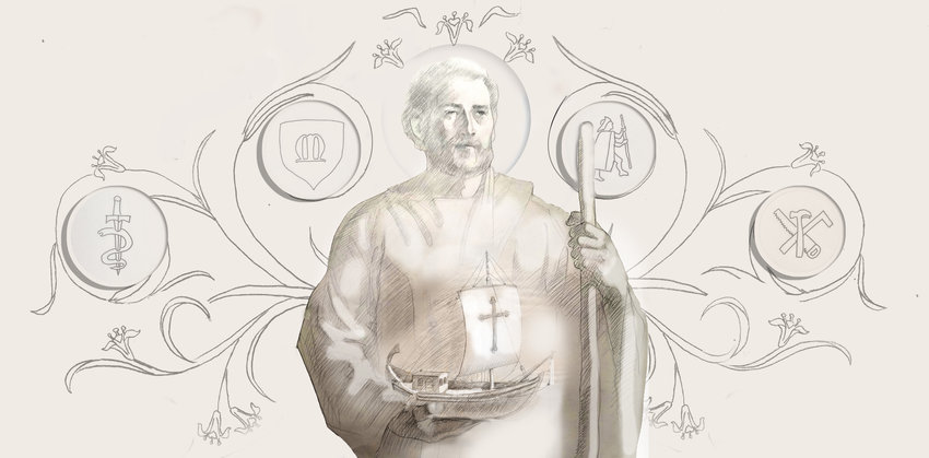 This image of St. Joseph and symbols of various names for him in the Litany of St. Joseph will be used to create a bronze relief tympanum over the entrance to the Cathedral of St. Joseph in Jefferson City.
